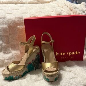 Kate Spade Metallic Gold Wedges with Cactus Design
